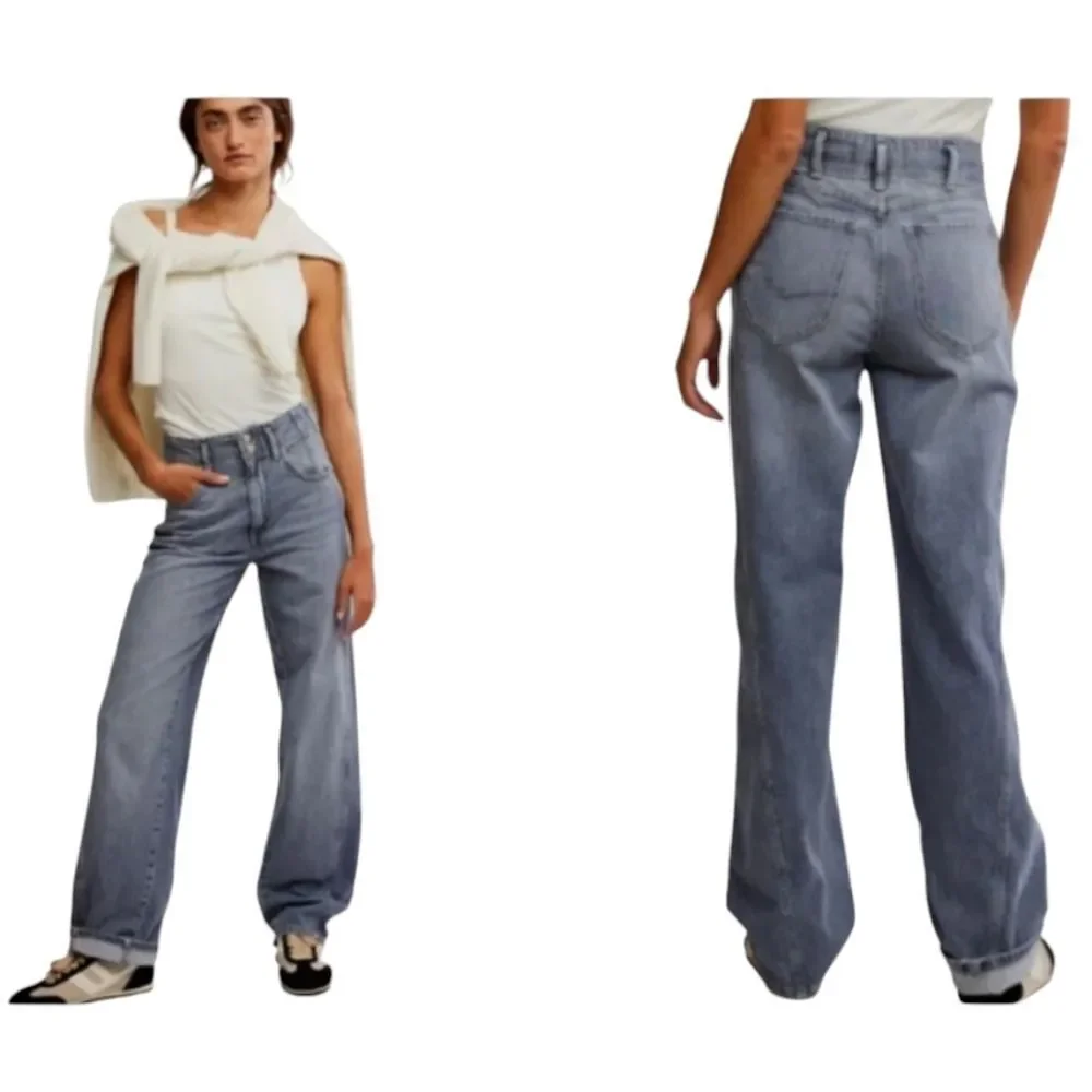 Free People Aster Straight Jeans Relaxed Fit Blue Denim Size 28